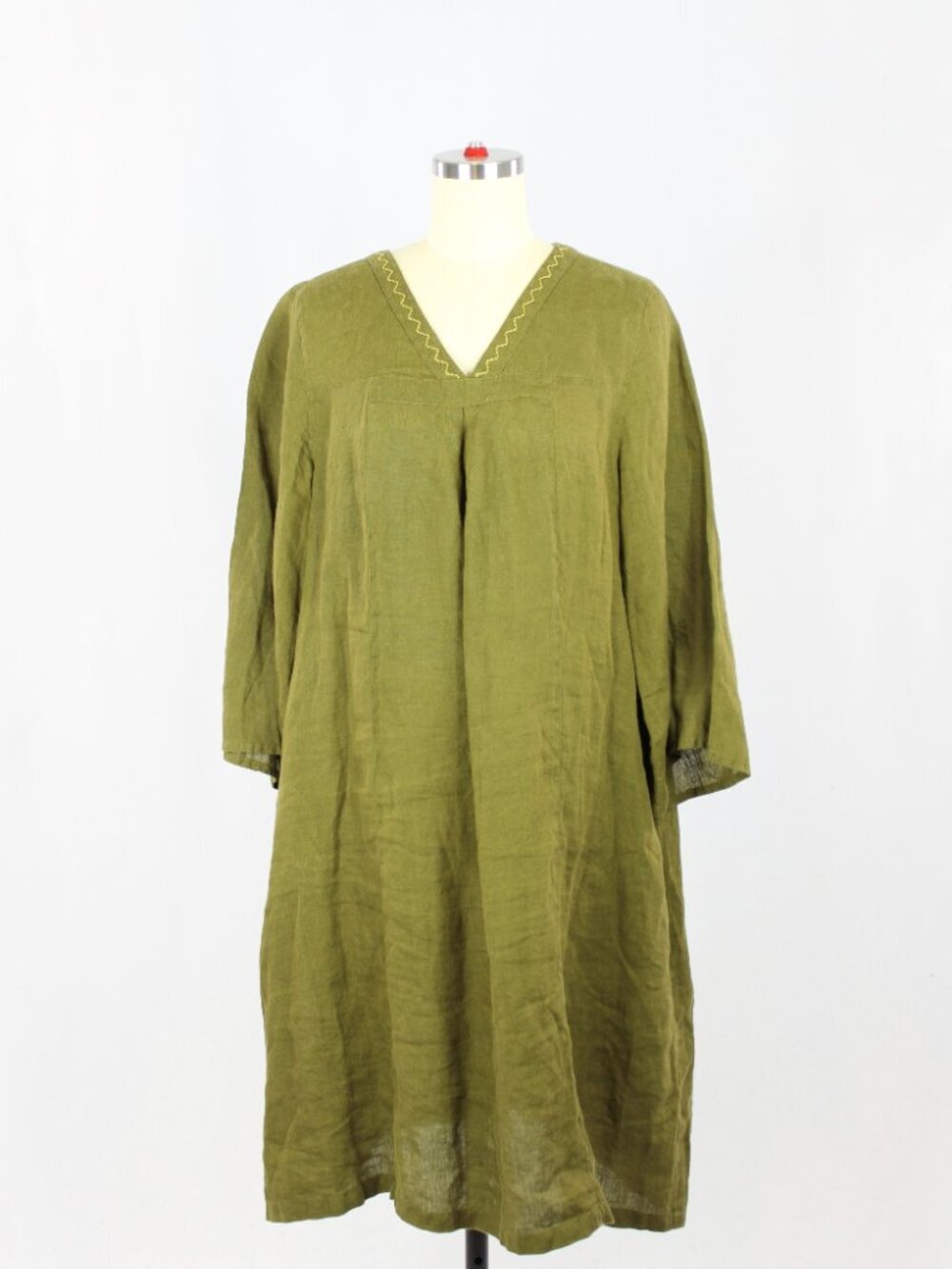 GUDRUN SJODEN Lagenlook Olive Green Linen Oversized V-Neck Tunic Dress, Size M